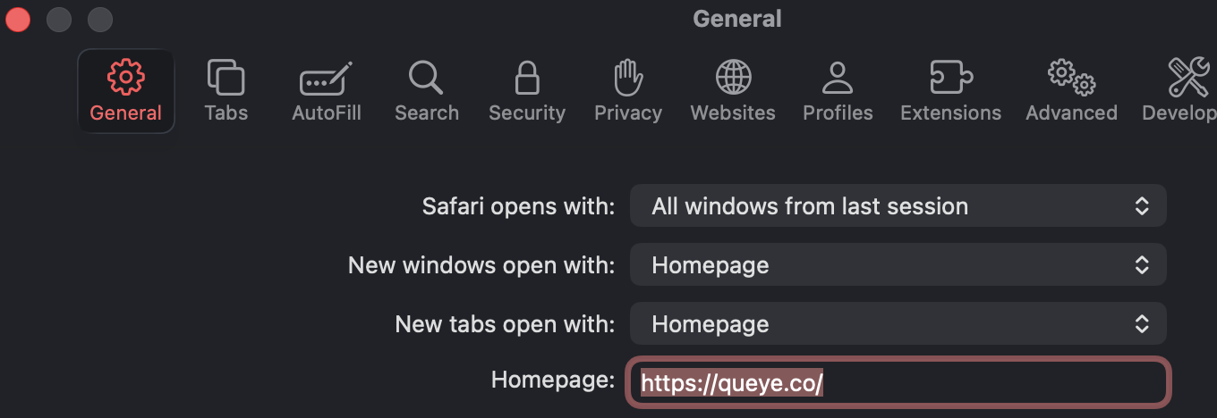 Safari homepage settings screenshot